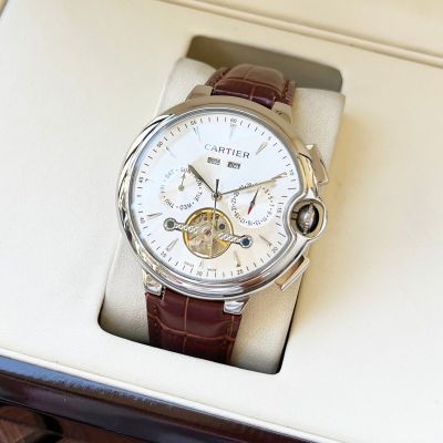 Ballon Bleu De Cartier 44*12mm 316L Steel Black/White Face Leather Band Mingzhu Movement Watch